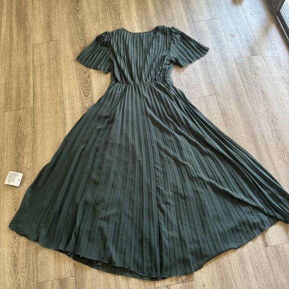 New ASOS Pleated Bodice Flutter Sleeve Pleated Dress Pine Green Fairycore Sz.4 - Picture 14 of 16